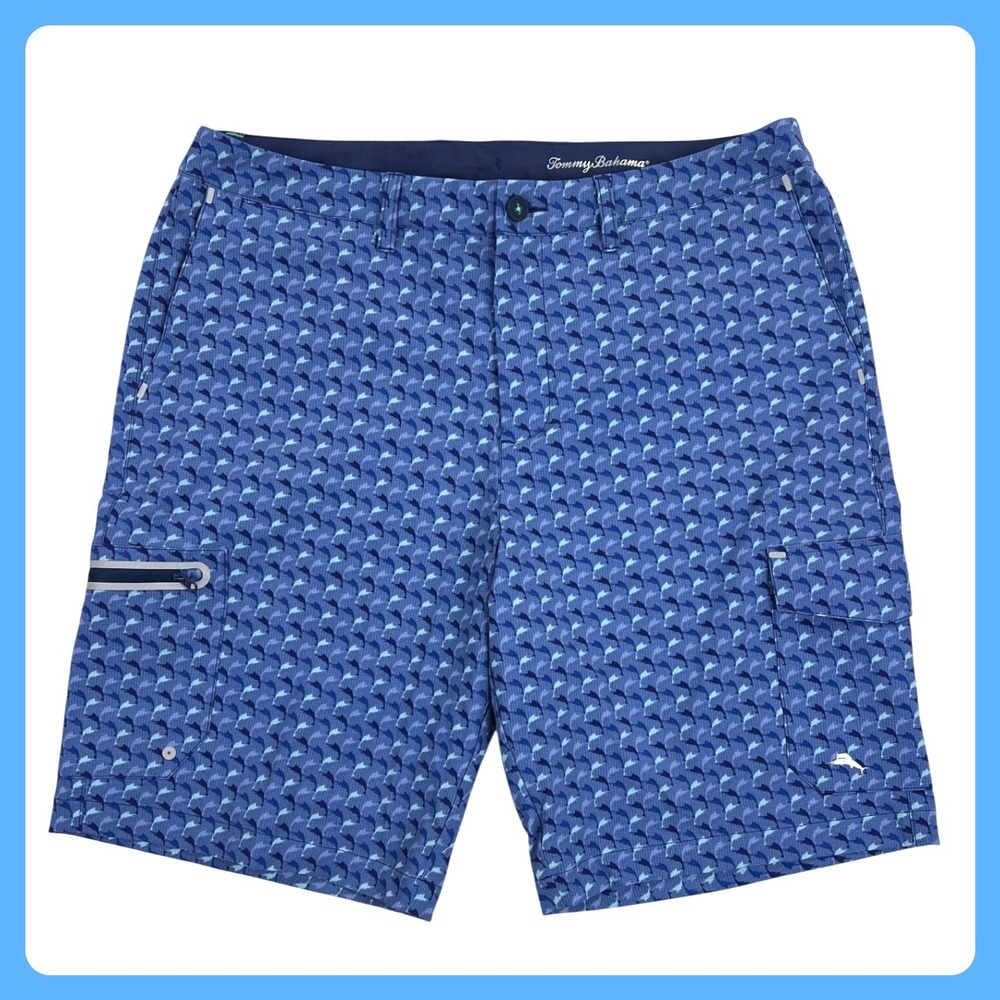 Tommy Bahama IslandActive Cargo Shorts Men 36 Blue Nylon Stretch Swim Marlin 10"